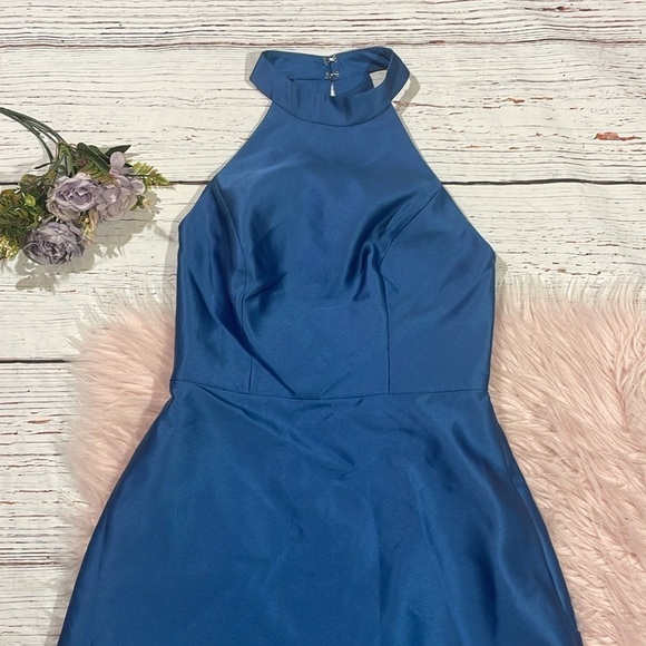 NWT Alfred Sung D772 High Neck Cutout Satin Twill Dress Dusk Blue - Picture 10 of 11